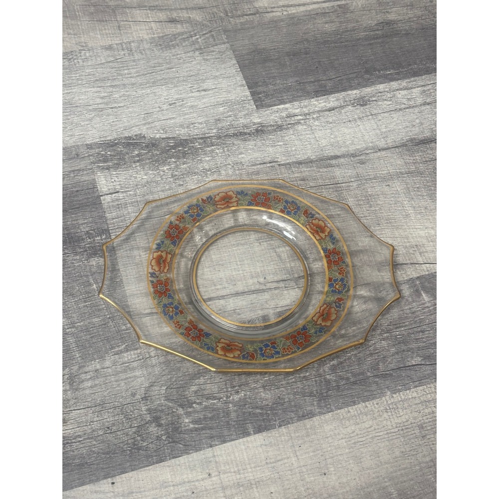 Vintage Floral Glass Serving Platter Gold Rim Hand Painted Orange Blue 11 inch